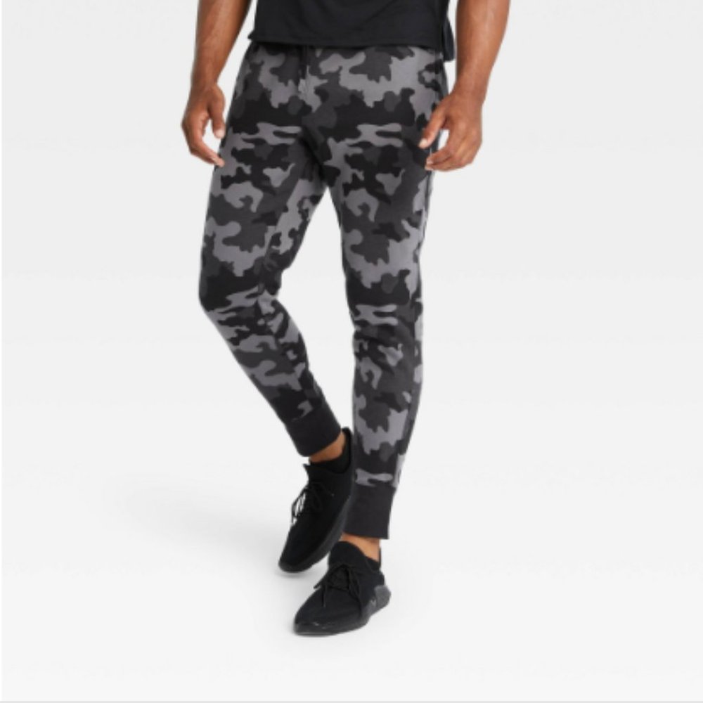New All In Motion Men's Camo Print Cotton Tapered Fleece Joggers - Black XXL